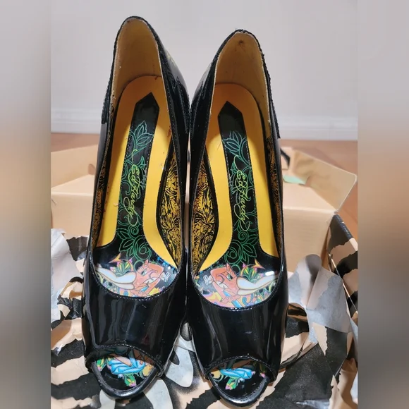Ed Hardy "Stacey" Black High Heel Peep Toe Shoes - Picture 8 of 12